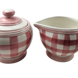 Vintage Cracker Barrel Creamer &‎ Sugar Ceramic Pink White Gingham Plaid